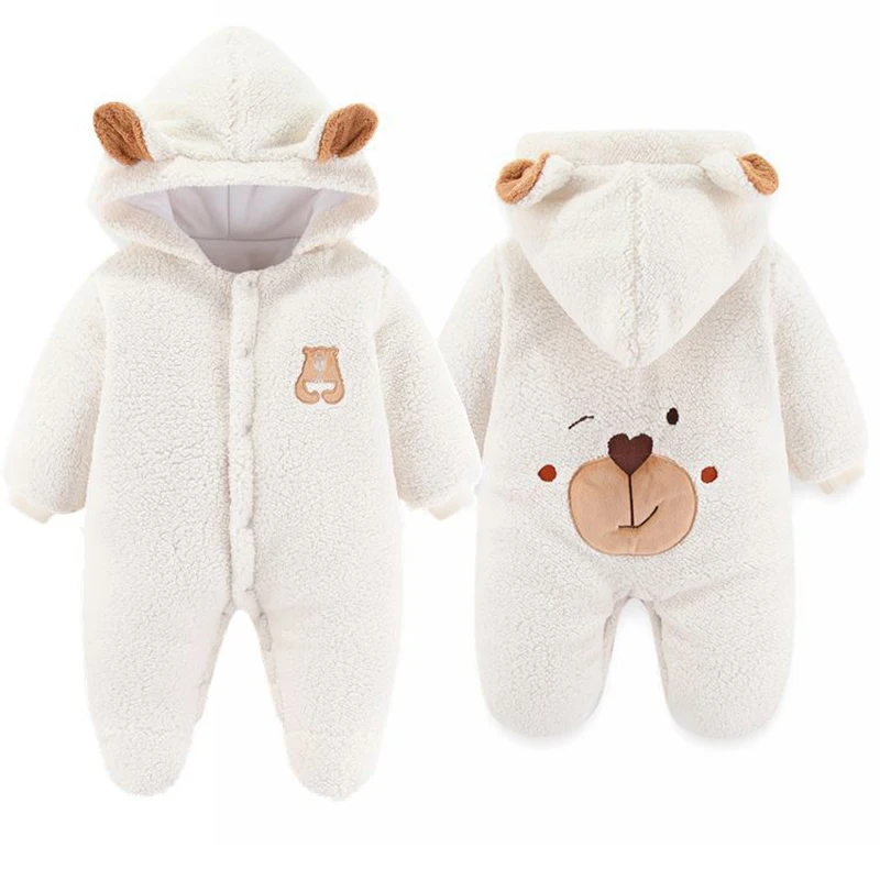 

2025 New Cute Plush Baby Boy Romper Infant Girl Overall Jumpsuit Autumn Winter Warm Fleece Hooded Baby Rompers Newborn Clothes