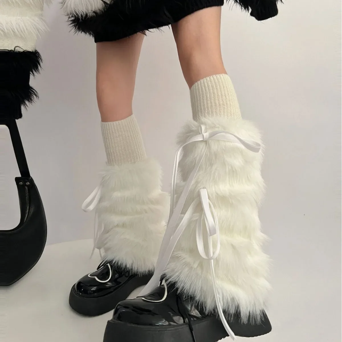 Punk Bow Tie Ribbon Leg Warmers Women Gothic Thickened Furry Boots Winter Warmer Foot Cover Girl Harajuku Party Accessories