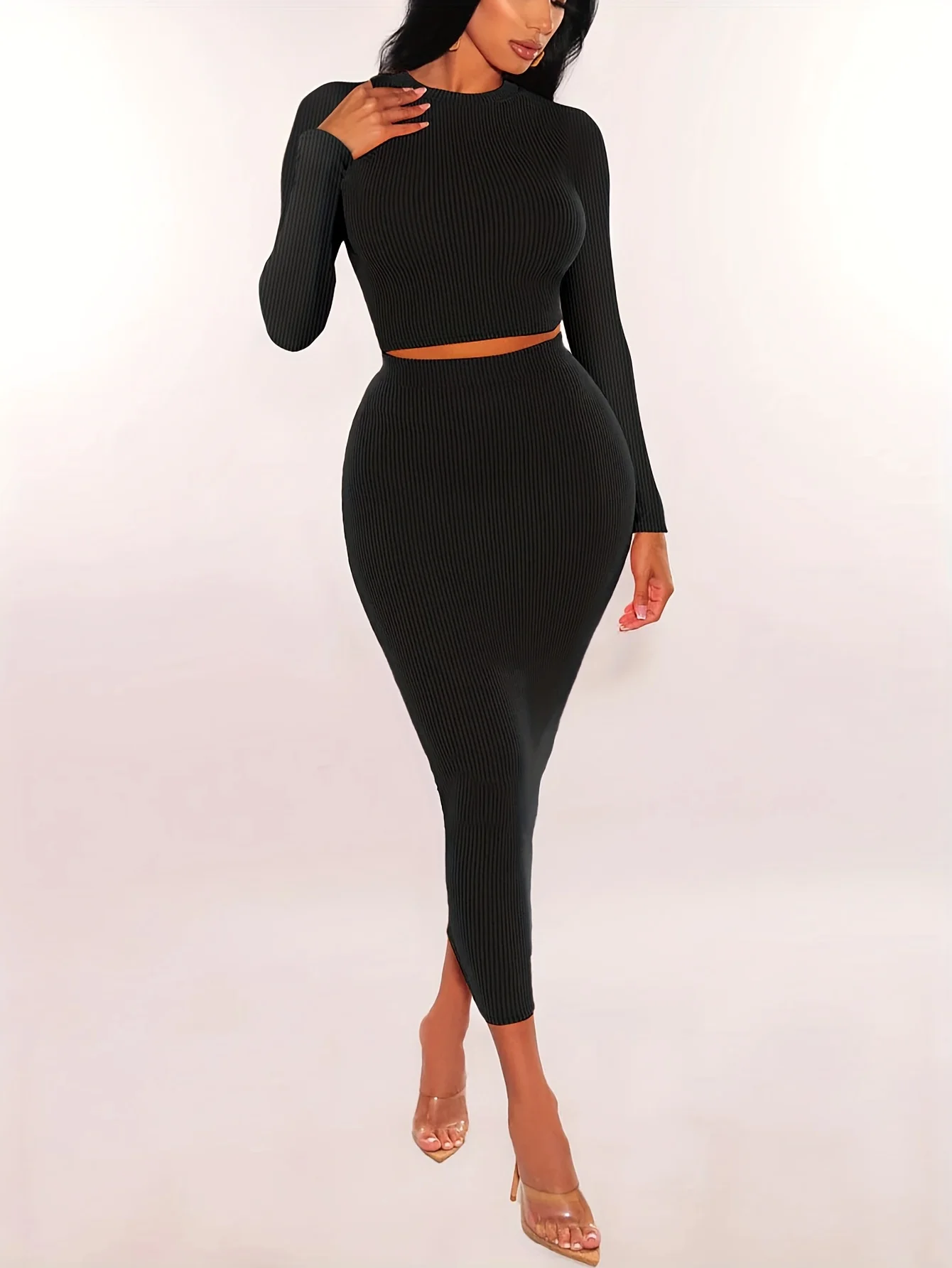 Autumn Women Ribbed Knit 2 Piece Outfit Set Long Sleeve O-neck Crop Top High Waist Midi Bodycon Pencil Skirt Slim Party Clubwear