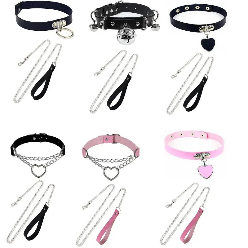 Sexy Necklace Collar Leather Bdsm Cosplay Slave Heart Collars And Leash Set For Women Bondage Gothic Choker Bell Accessories