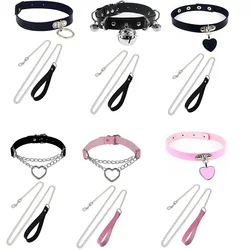 Conjunto de colarinho e trela de couro BDSM Bondage para mulheres, escravidão, gótico, gargantilha, escrava, coração, cosplay, colar sexy, acessórios sino