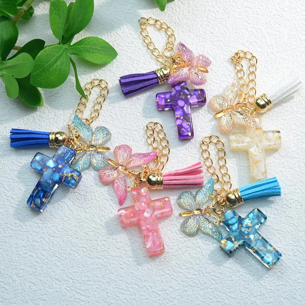 Fashion Gold Foil Filled Cross Keychain Resin Butterfly Tassels Keyring For Women Girls Handbag Stanley Cup Pendant Accessories