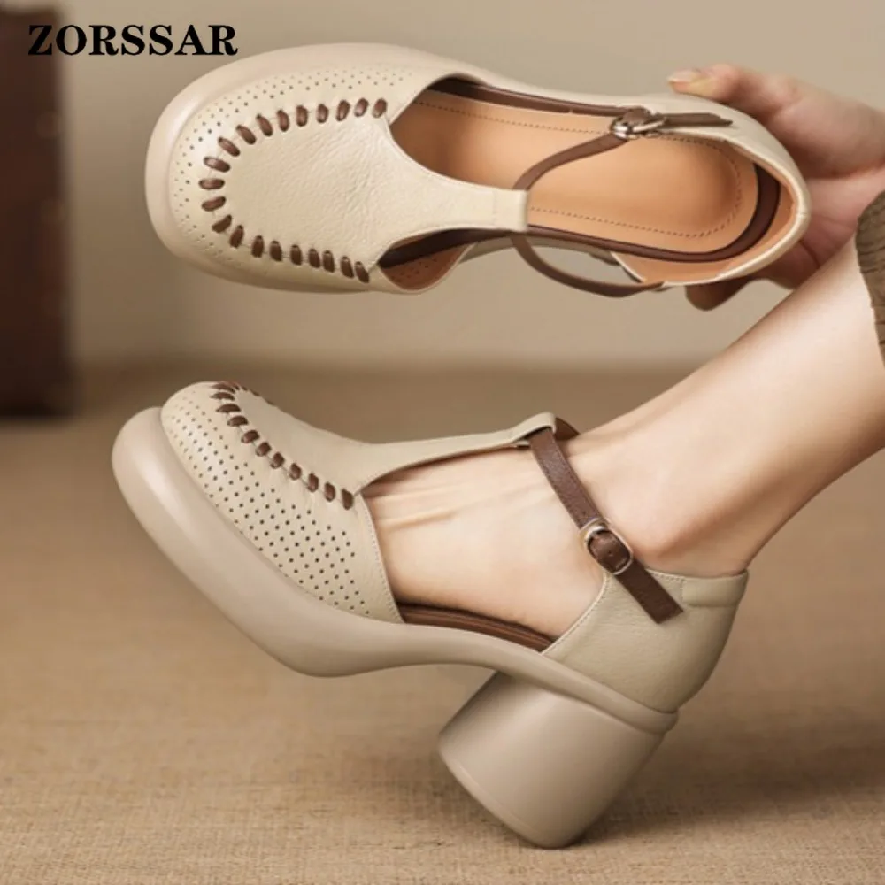 New Women Hollow Out T-Strap Mary Jane Sandals Chunky Block Heel Closed Toe Platform Pumps Buckle Casual Summer Leather Shoes