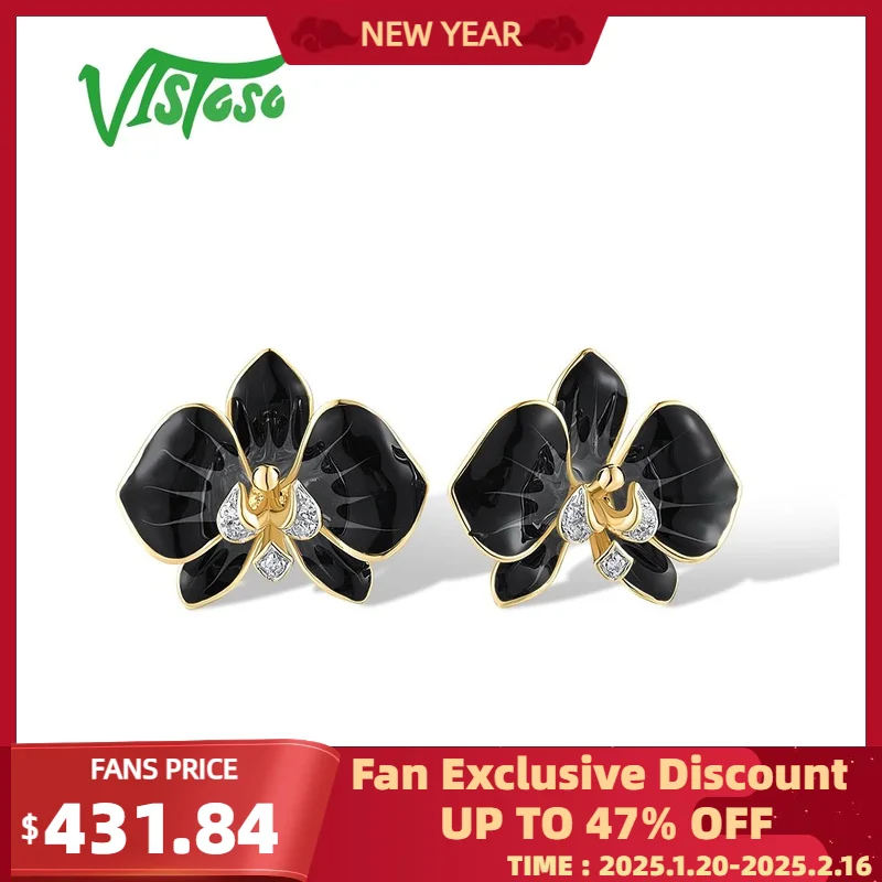 VISTOSO Real 14K 585 Yellow Gold Stud Earrings For Women Sparkling Diamonds Black Enamel Flower Delicate Party Gift Fine Jewelry