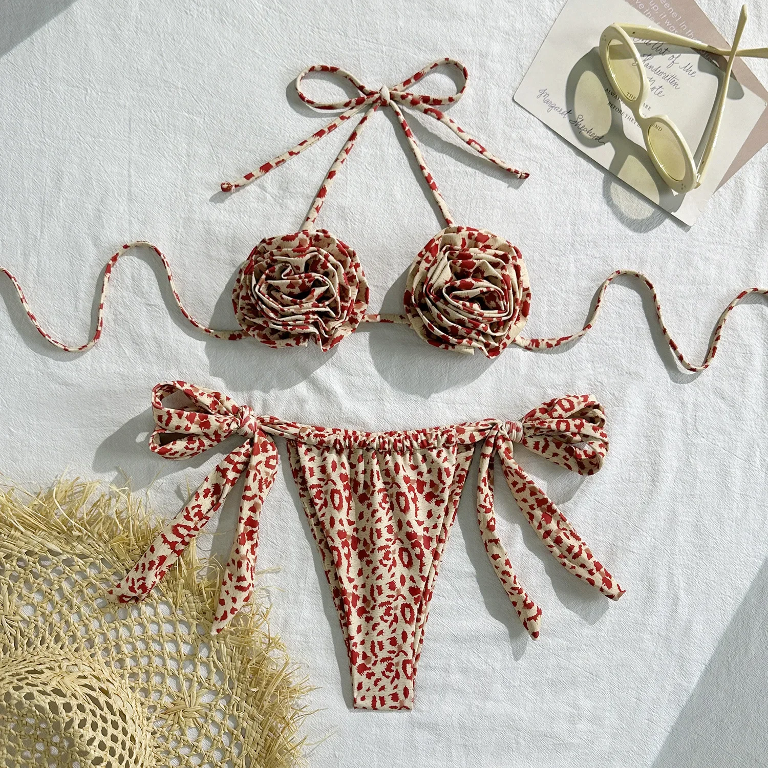 

sexy 3D flower leopard print bikinis sets micro mini bikini two pieces padded thong tie swimwear female bathing suit biquini