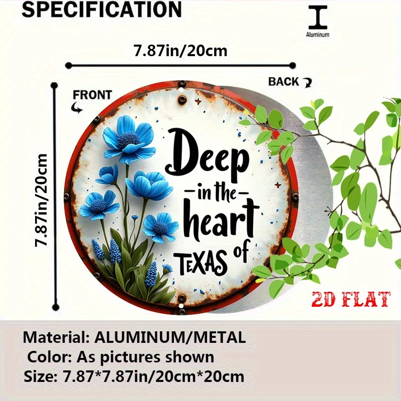 2D Flat - Vintage Round Aluminum Sign with Blue Flowers, a Rustic Metal Wall Art Piece Representing Texas Pride, Perfect for Hom
