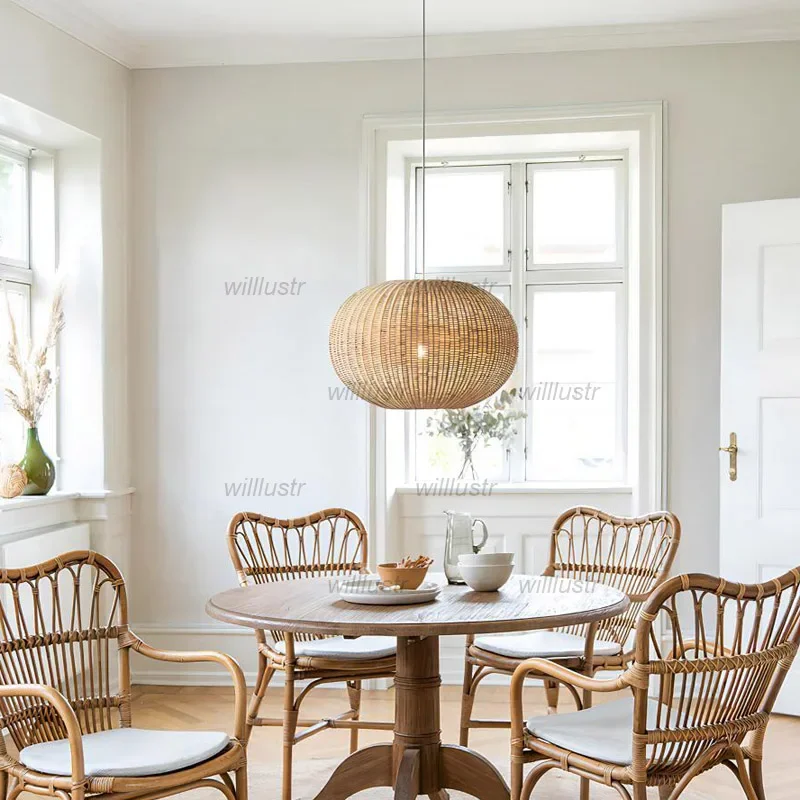 Creative Wicker Ball Suspension Light Oval Rattan Pendant Handmade Ceiling Chandelier for Hotel Cafe Homestay Tearoom