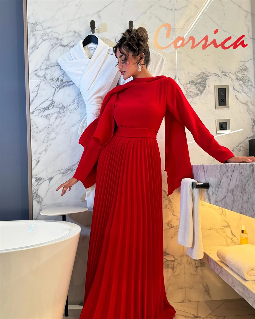 Customized Formal Red Jersey Evening Dress Classic O-Neck Long Sleeves Homecoming Dresses Temperament Special Occasion Gowns