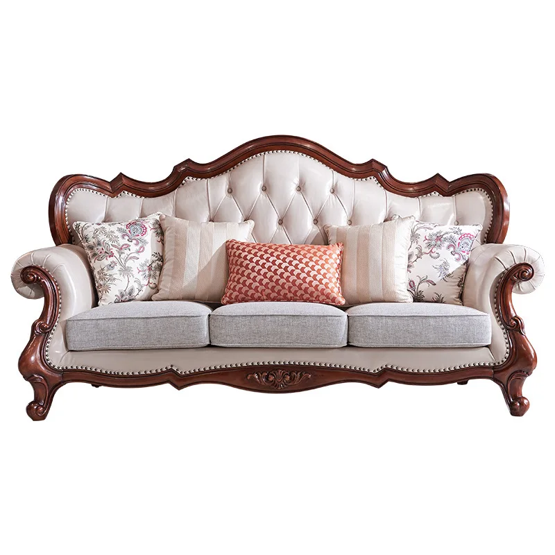 American Living Room Solid Wood Leather Sofa European Fabric 123 Combination Villa Large U-shaped Sofa