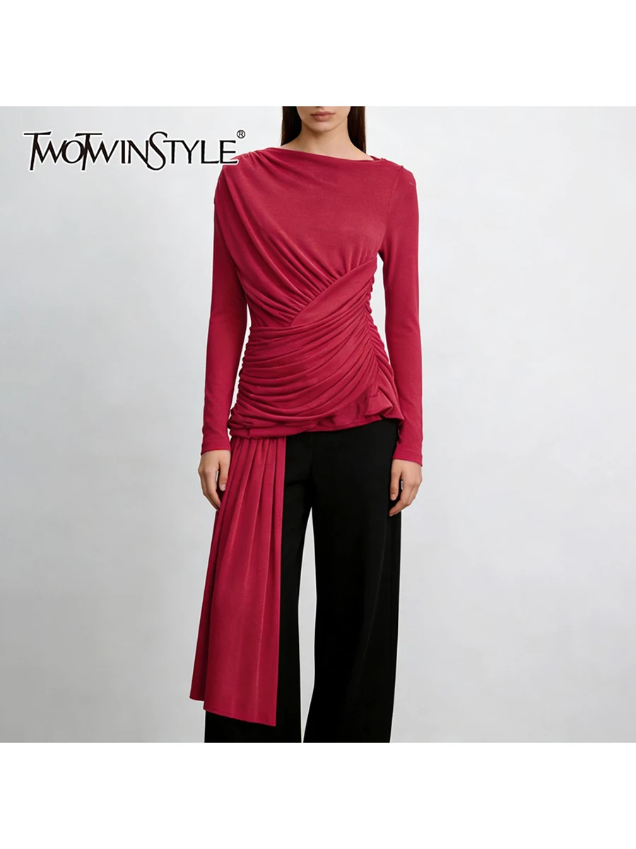 

Женская модная футболка TWOTWINSTYLE с круглым вырезом, длинными рукавами, эффектом похудения, пэчворком и декоративной лентой