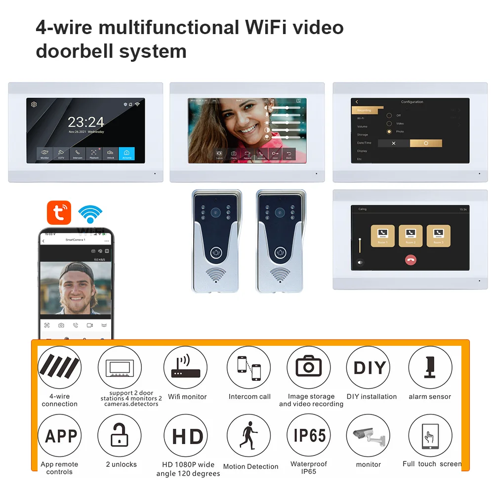 Tuya Wifi Intercom Door Bell 7 Inch Video Door Phone With Tuya Remote for 4-wire Villa Villa Intercom Doorphone Wifi