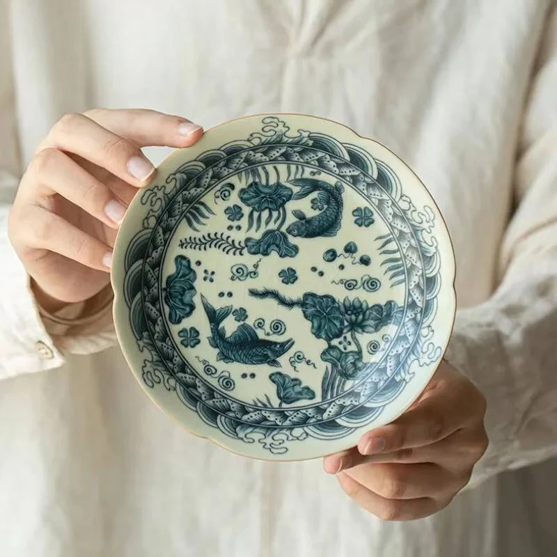 Ru Kiln Teapot Holder Bowl Boutique Fish And Algae Patterns Fruit Plate Zen Ceramic Tea Plate Retro Dry Brew Table Tea Tray Gift