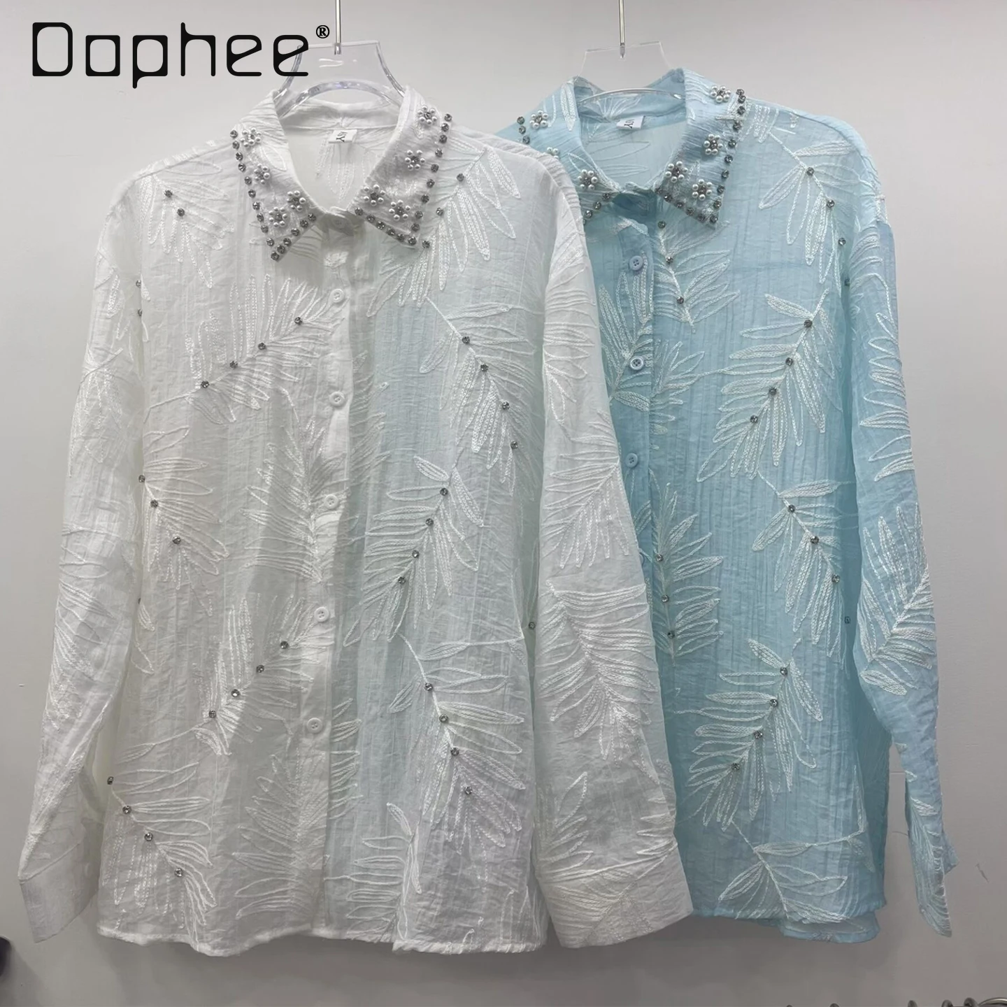 

European Station Heavy Industry Hot Diamond Long Sleeve Shirt Women 2025 Summer New Light Luxury High End Fashion Loose Shirts