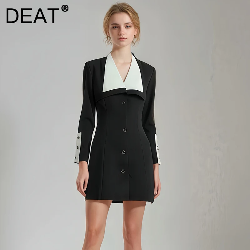 DEAT Fashion Suit Dress Women's Lapel Contrast Color Heart Shaped Buttons Waist Retraction Mini Elegant Dresses New Tide CPDB146