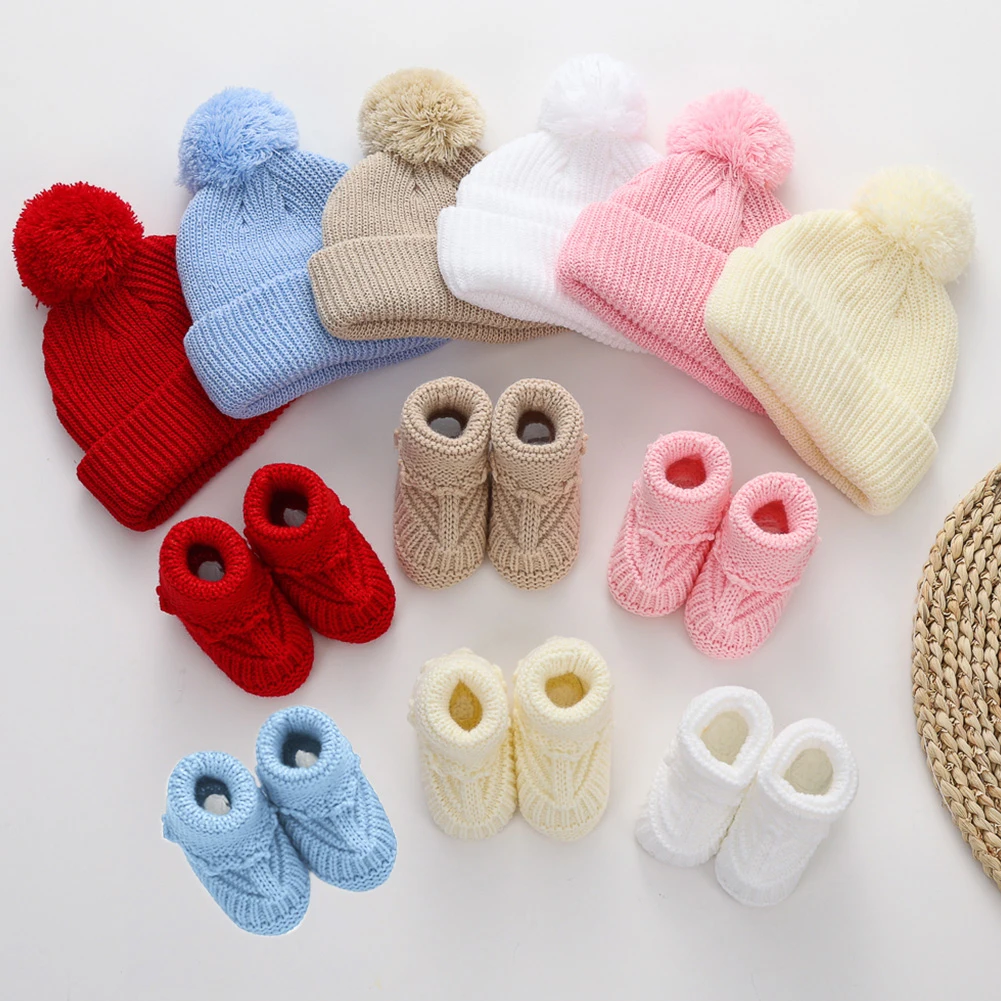 2Pcs/Set Solid Pom Knitted Baby Turban Hats 0-12M Hair Bows Ties Cotton Short Socks Infant Ankle Stockings Footwear Caps Beanies