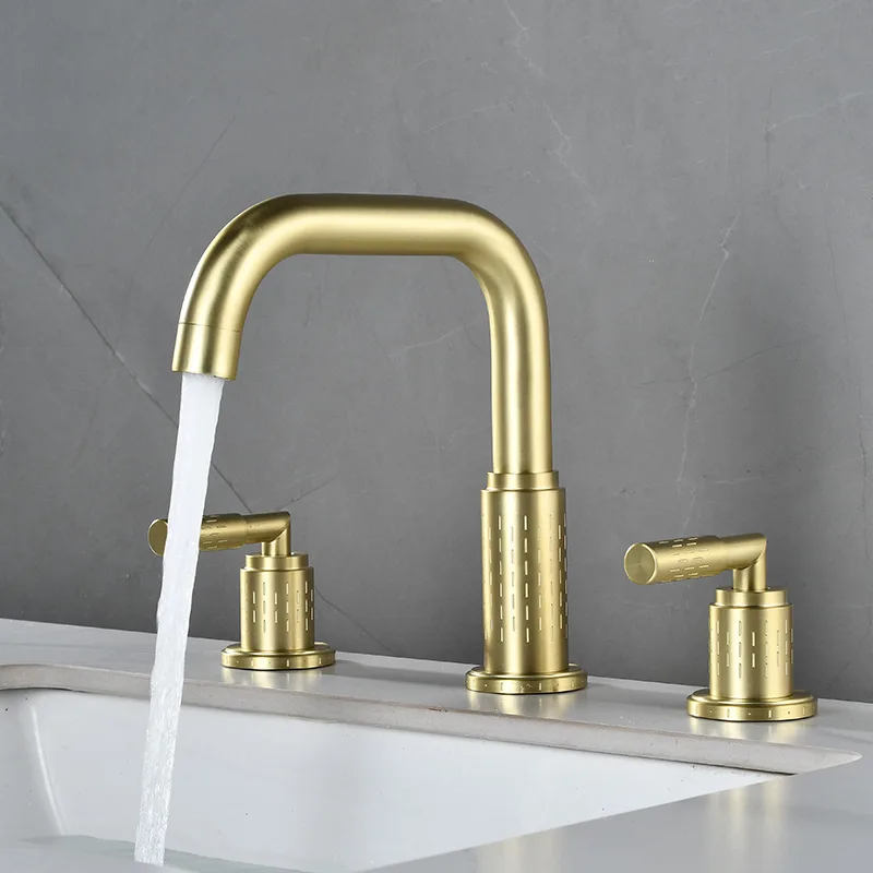 

Outdoor Copper Faucet Hot Cold Water 3 Hole Bathroom Sink Tap with Carved Design