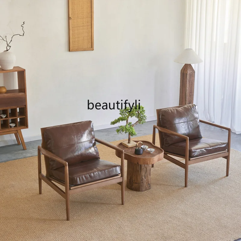 Ash Wood Sofa Chair Vintage One Table Two Chairs Single Sofa Solid Wood Round Table Set