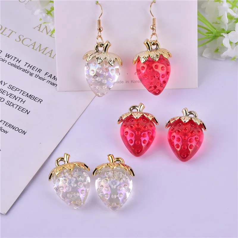 Mix 10pcs/pack 3D Strawberry Bling White and Red Color Fruit Resin Charms Earring DIY Fashion Jewelry Accessories