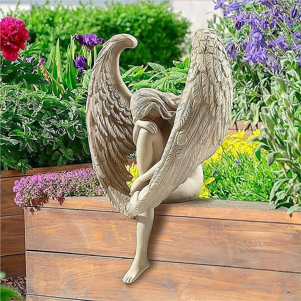 

Winged Angel Garden Statue Outdoor Resin Crafts Desktop Sculptures Holding Legs Table Decor Lawn Yard Patio Decoration
