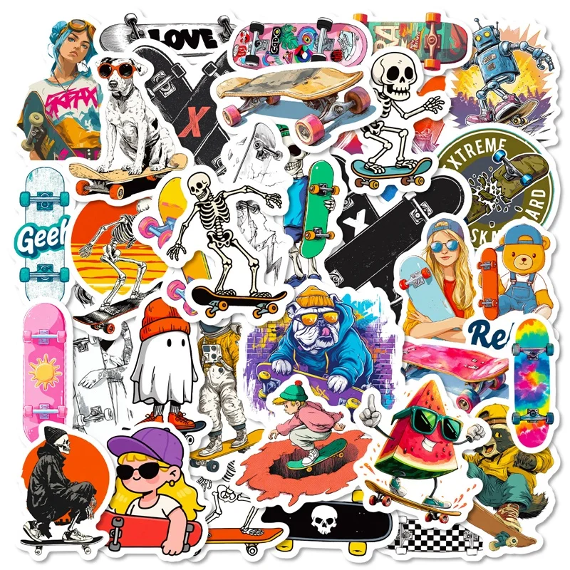 

10/30/56PCS Skeleton Skateboard PVC Phone Sticker Aesthetic DIY Colored Sticky Laptop Luggage Skateboard Graffiti Decals