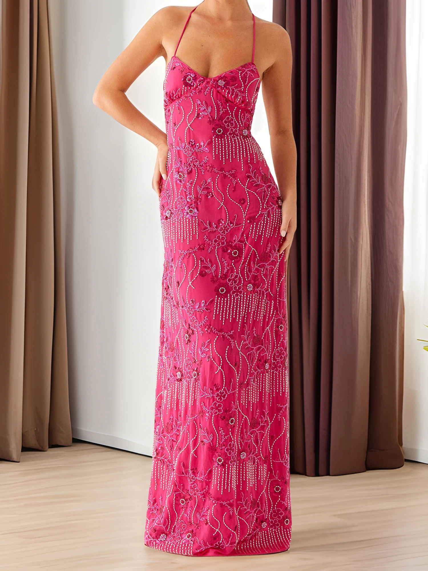 Elegant Floral Embroidered Maxi Dress with Sequins Detailing Sleeveless V-Neck Cami Dress for Summer Stylish Cross Back