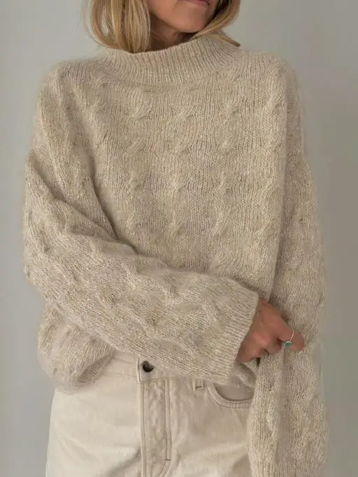 

2025 Autumn and Winter High Neck Women's Sweater Casual Loose Twisted Flower Warm Long Sleeved Knitted Sweater Top for Women