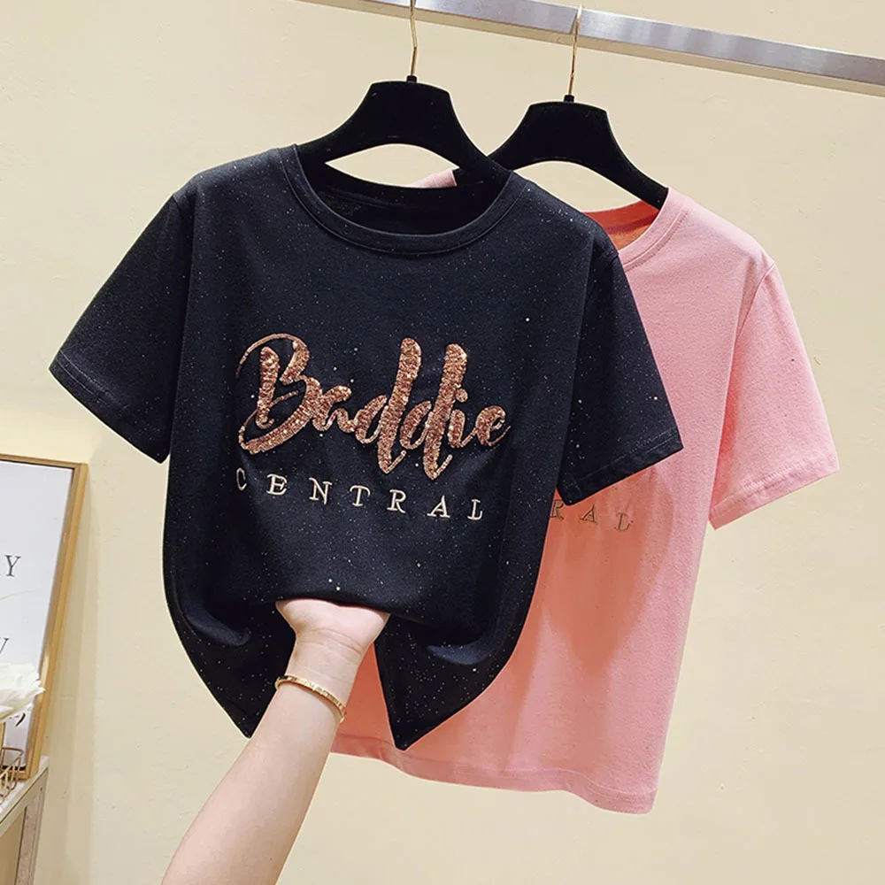 Summer 2022 New sequins Letter Crystals Pure Cotton Loose Short Sleeve round Neck Bottoming T-shirt for Women S-4XL