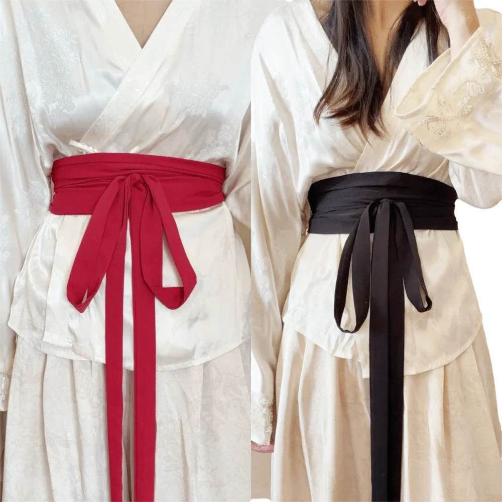 Chiffon Fabric Hanfu Waist Belt Satin Silk Cotton Linen Lace Up Waist Belt Solid Color Bowknot Decoration Wide Waist Belt