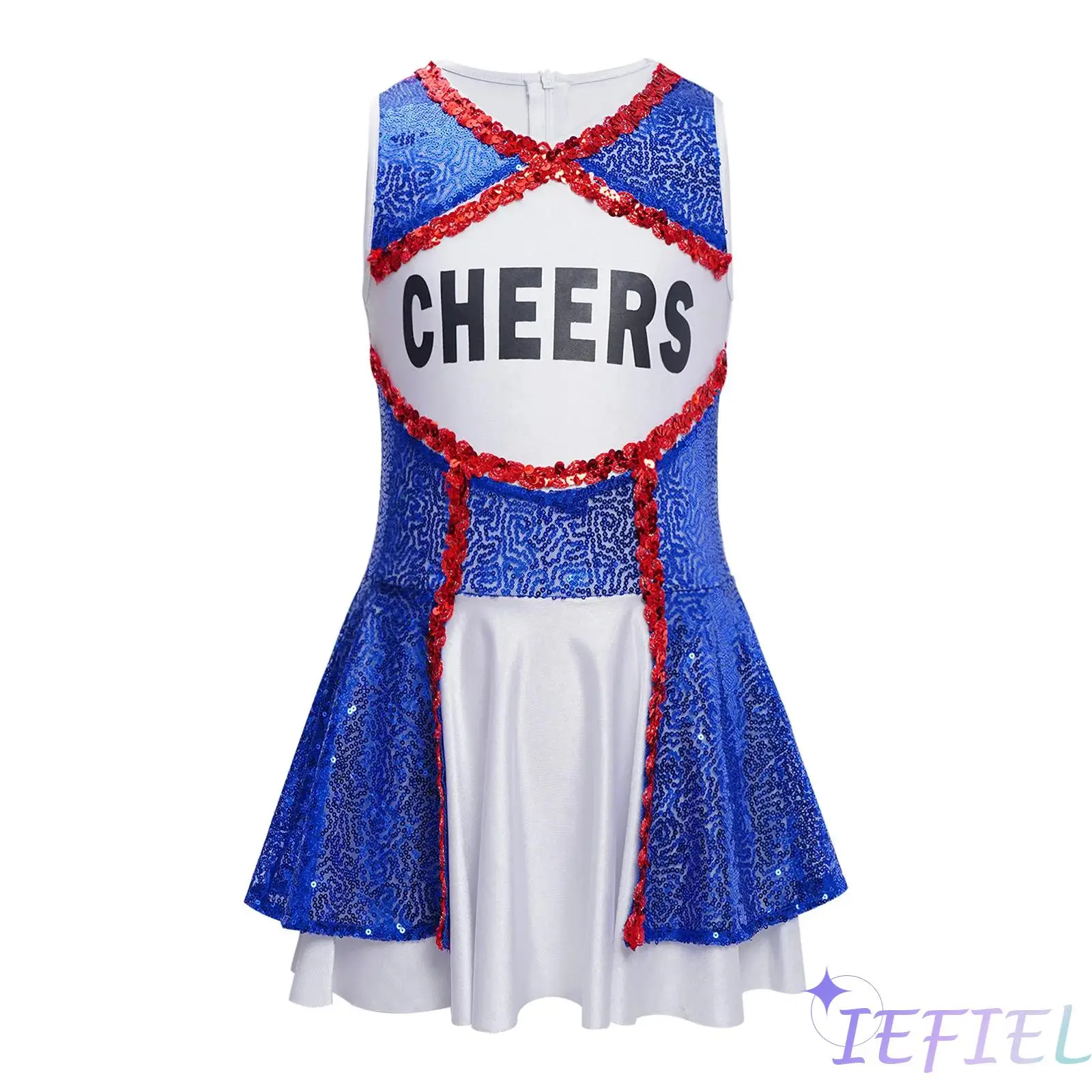 

Kids Girls Cheerleading Dress Sleeveless Color Block Sparkling Sequins Dress High School Cheerleading Stage Performance Costume