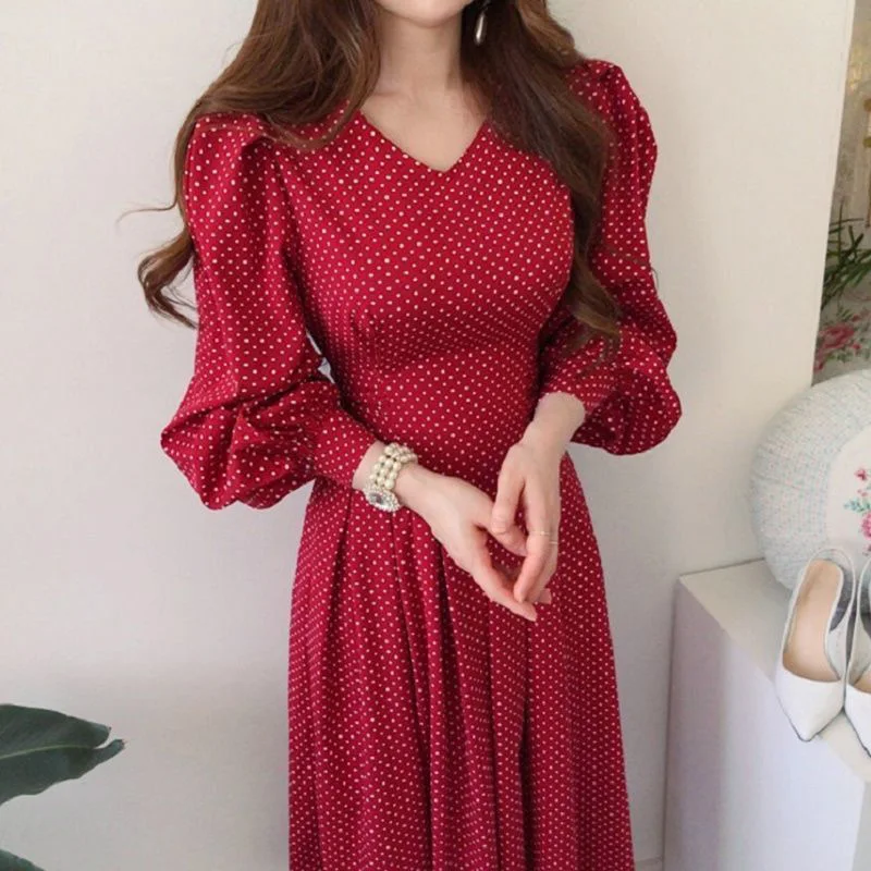 

Elegant V-Neck Bandage Bow Polka Dot Midi Dress Female Clothing 2023 Autumn New Office Lady Puff Sleeve Dress