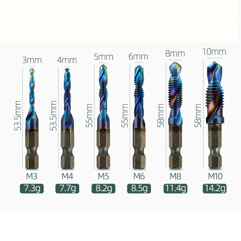 M3 M4 M5 M6 M8 M10 Tap Drill Titanium Plated Hex Shank HSS Screw Machine Compound Hand Tools Metric Thread Tap Drill Bits Set