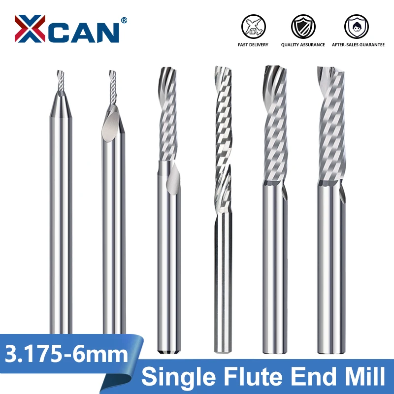 XCAN 3D Single Flute Milling Cutter 3.175 4 6mm Shank One Flute Carbide Spiral End Mill Cutter for Wood PVC CNC Router Bit