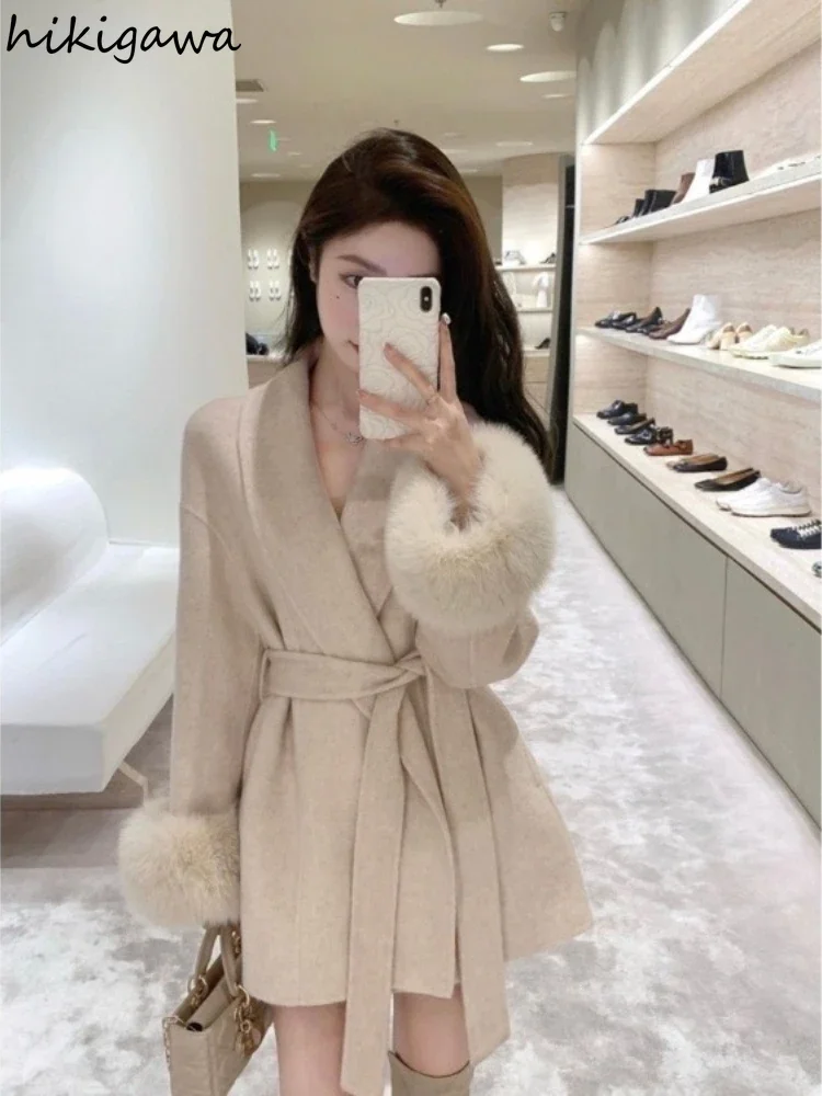 Fashion Coats for Women Patchwork Furry Long Sleeve Bandage Outwear Korean Y2k Clothing Korean Temperament Solid Color Jackets