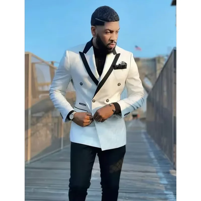 

2-piece brand new white double breasted men's suit with lapel, groom's dance tailcoat, slim fit men's clothing set