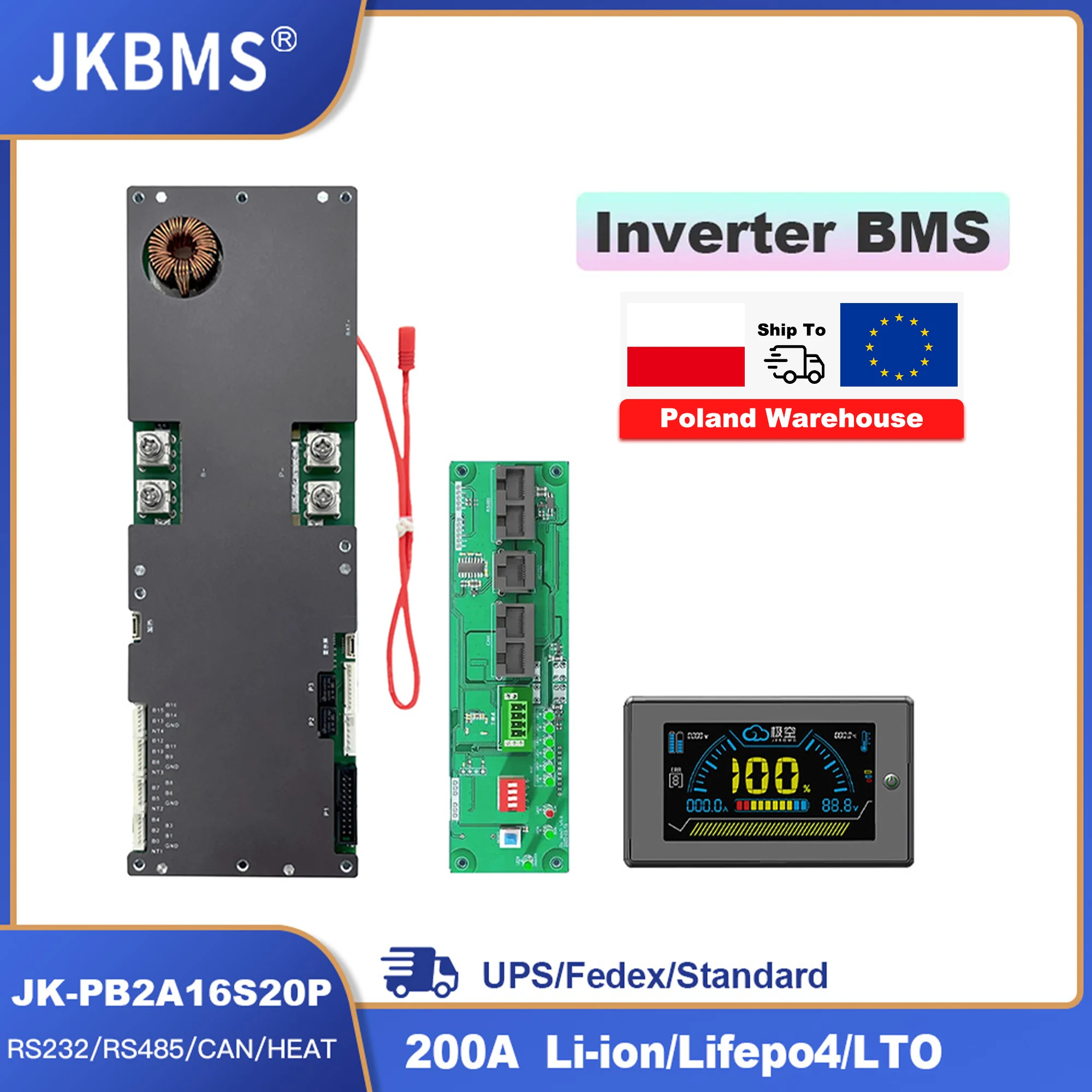 JKBMS PB2A16S20P Smart Inverter BMS 8S-16S 24V 48V 8S16S 200A Family Energy Storage Lifepo4/Li-ion/LTO For Growatt Deye Inverter