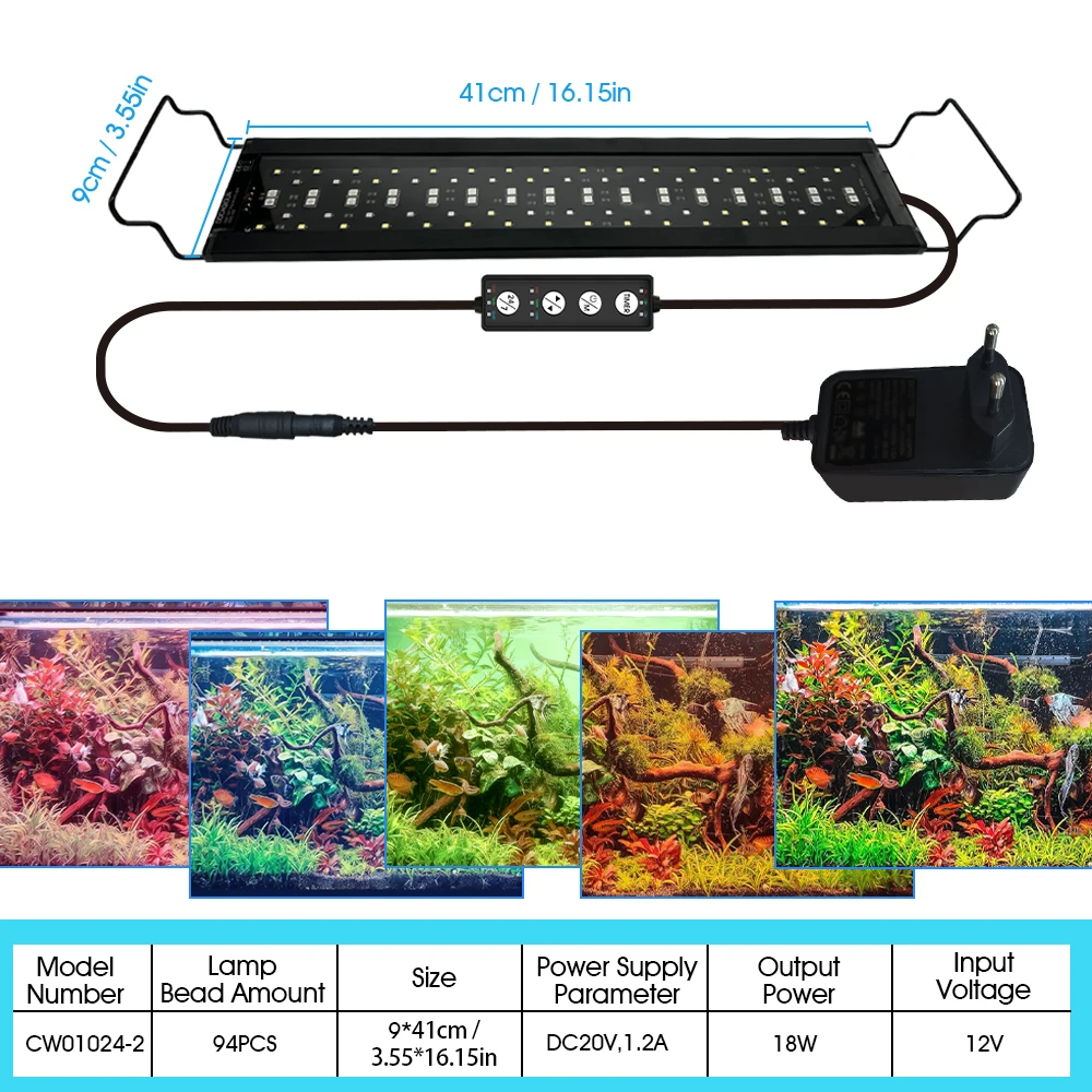 Aquariumbeugellamp, koel geheel zwart ontwerp, gemaakt van roestbestendig en duurzaam aluminiumlegering, verstelbaar met verschillende lichtkleuren, tijdschakelaarontwerp, beugellengte kan vrij worden