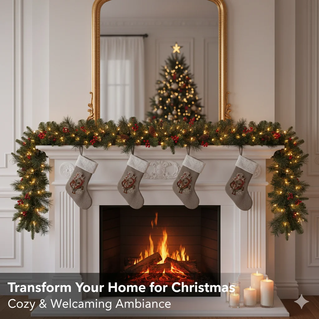 

New Christmas Garland Wreath With Pinecones Red Berries, Artificial LED Rattan Decor For Xmas Tree, Stairs, Door, Home Decor