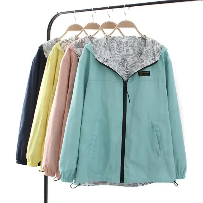2025 Spring Autumn Women Jacket Fashion Hooded zipper Windbreaker Famale Two Side Wear Cartoon Print Outwear Loose Bomber Jacket