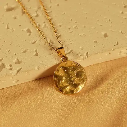 18K Gold Plated Necklace Stainless Steel Necklace Sun Star Moon Disk Pendant Necklace for Men and Women