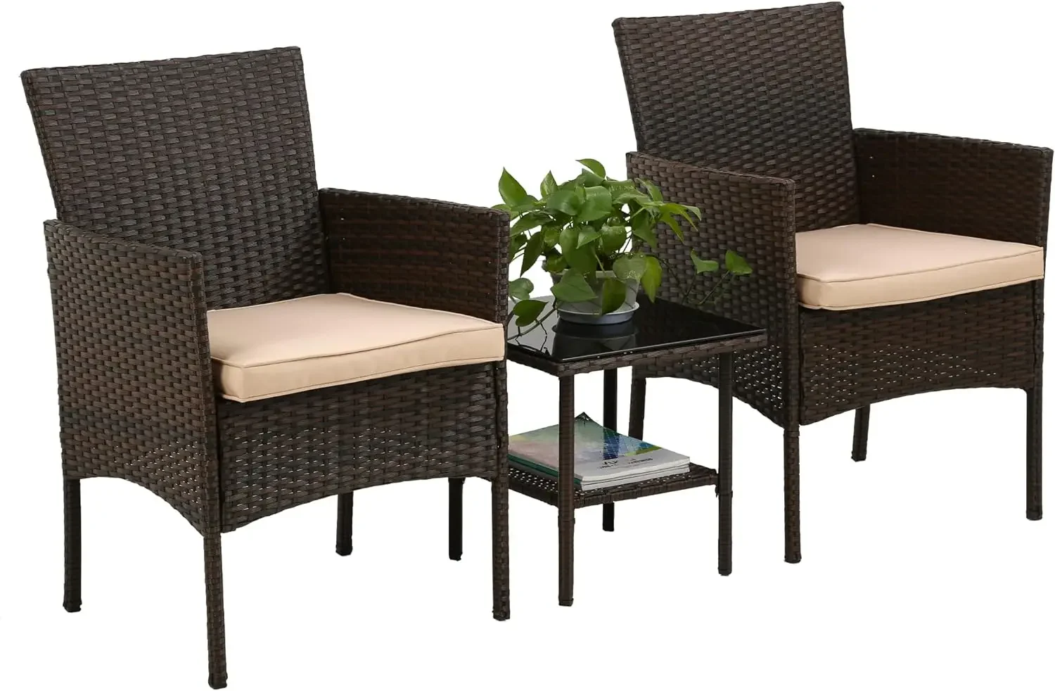 Bistro Conversation Set Wicker Furniture 2 Rattan Chairs Cushions and Glass Coffee Table for Porch Lawn Garden Balconyard