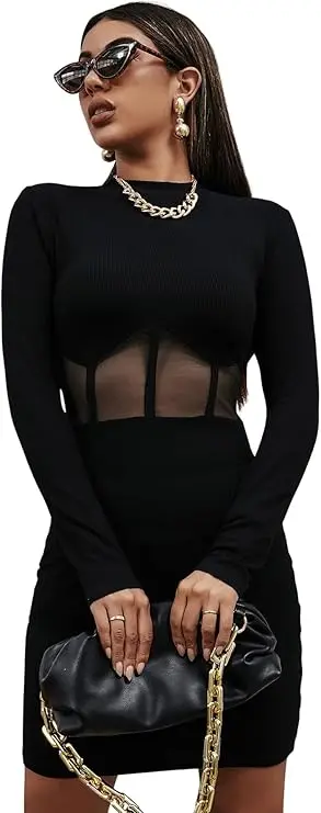 Gorglitter Abito Corto A Maniche Lunghe Nero S Bodycon Chic Mini Abito Da Festa In Rete A Righe-image