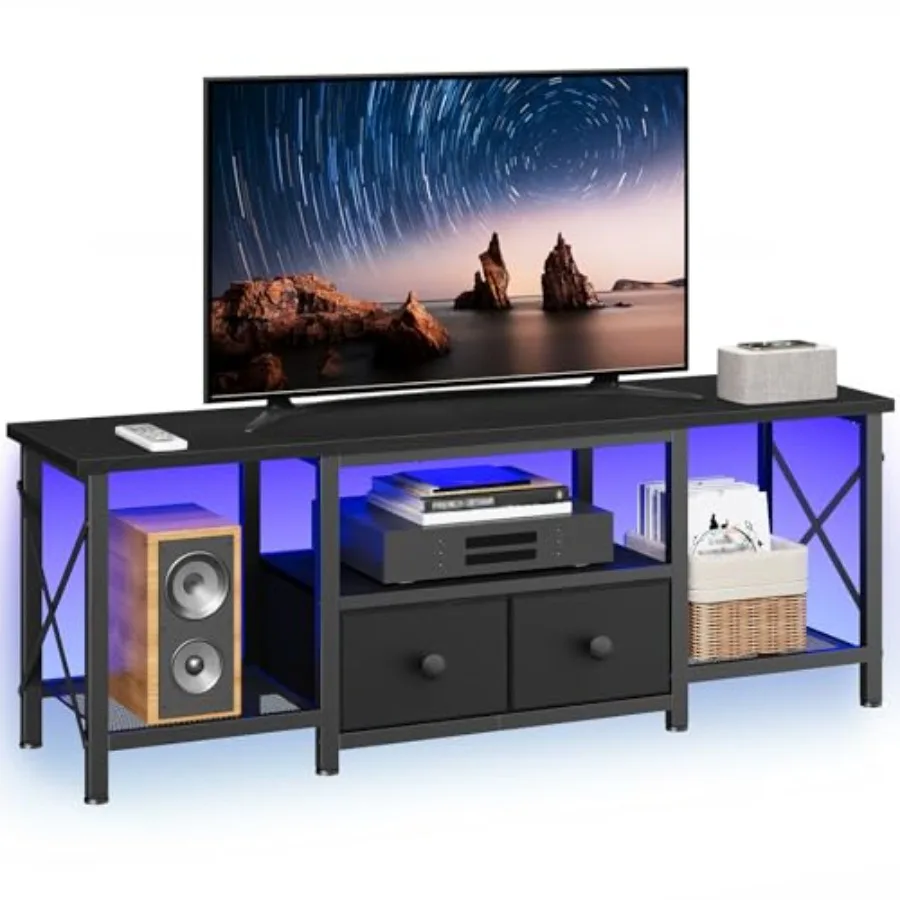 

Small TV Stand with LED Lights Entertainment Center with 2 Fabric Drawers and Mesh Shelves Media TV Console Table for TVs up to
