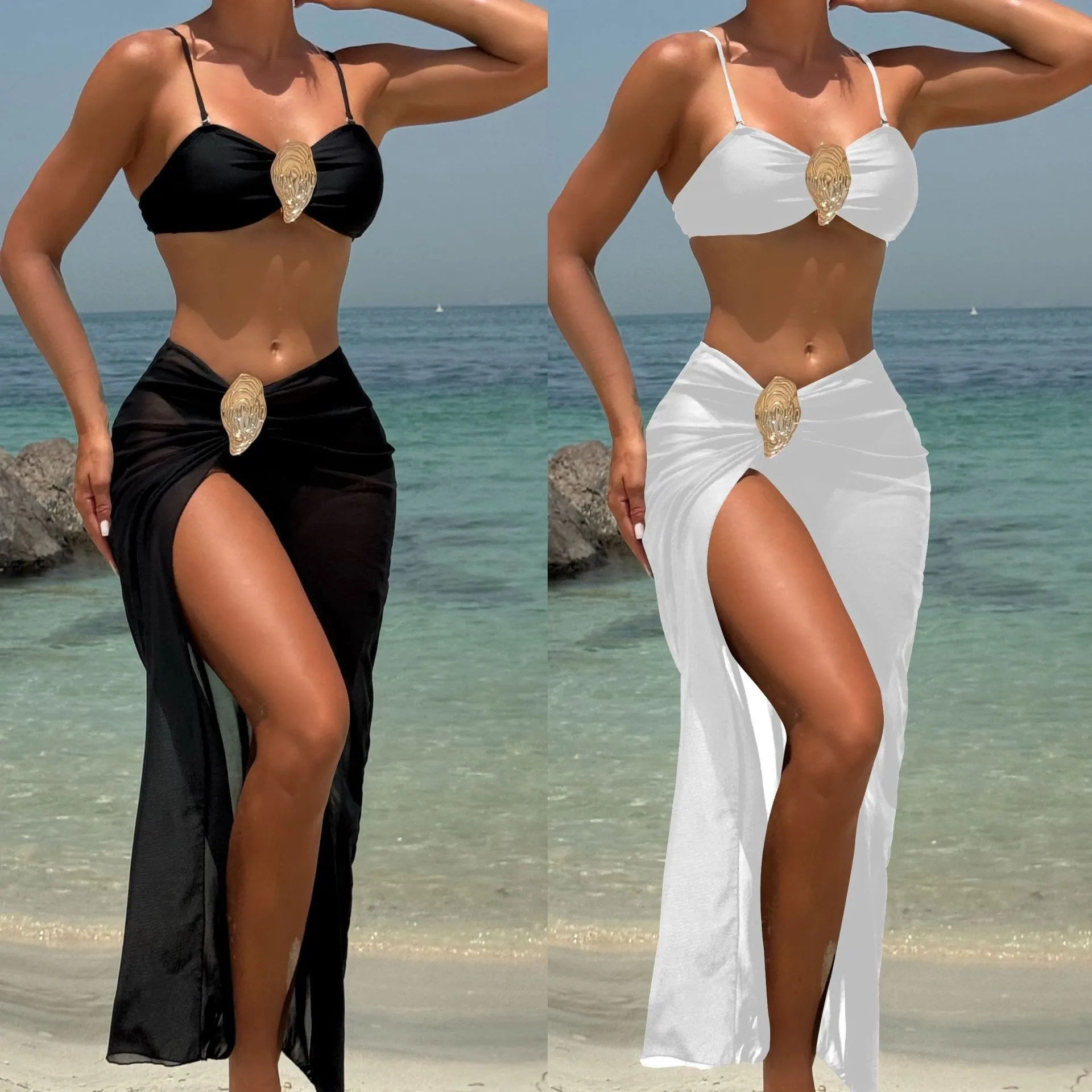 

Swimwear 2026 Bikini Women's Bikinis Bandeau Top Black Bikini Set High Slit Skirt Two Piece Swimsuit Metallic Shell Buckle