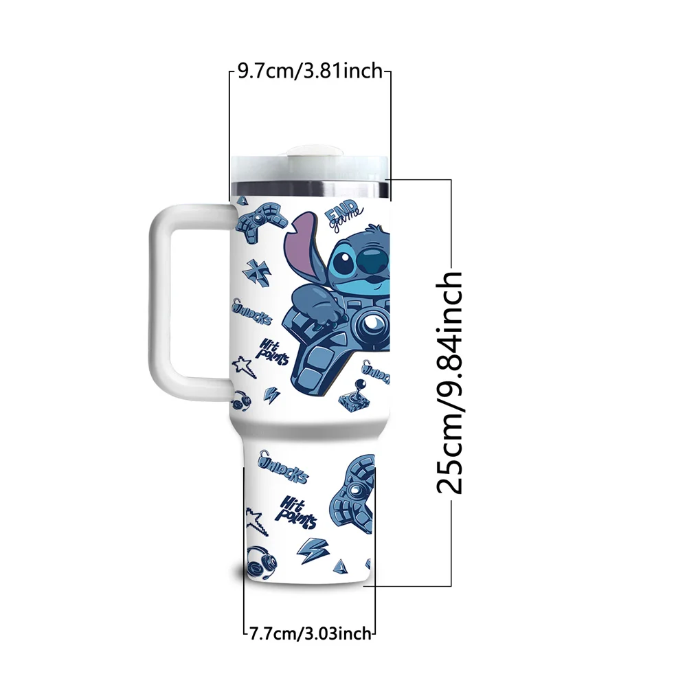 1pc 40oz Disney Stitch Game Controller Stainless Steel Water Bottle Insulated Tumbler with Handle Straw for Car Camping Outdoor