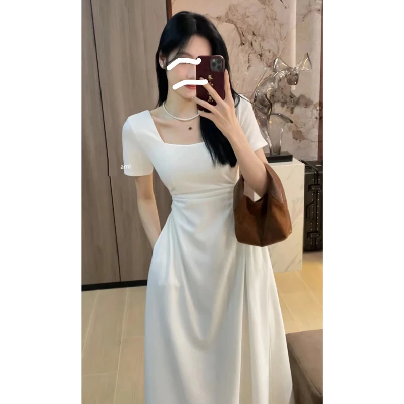 

Coigarsam Women's Dress Summer 2024 French Style Solid Knitted Short Sleeve High Waist Square Collar White Black Dresses