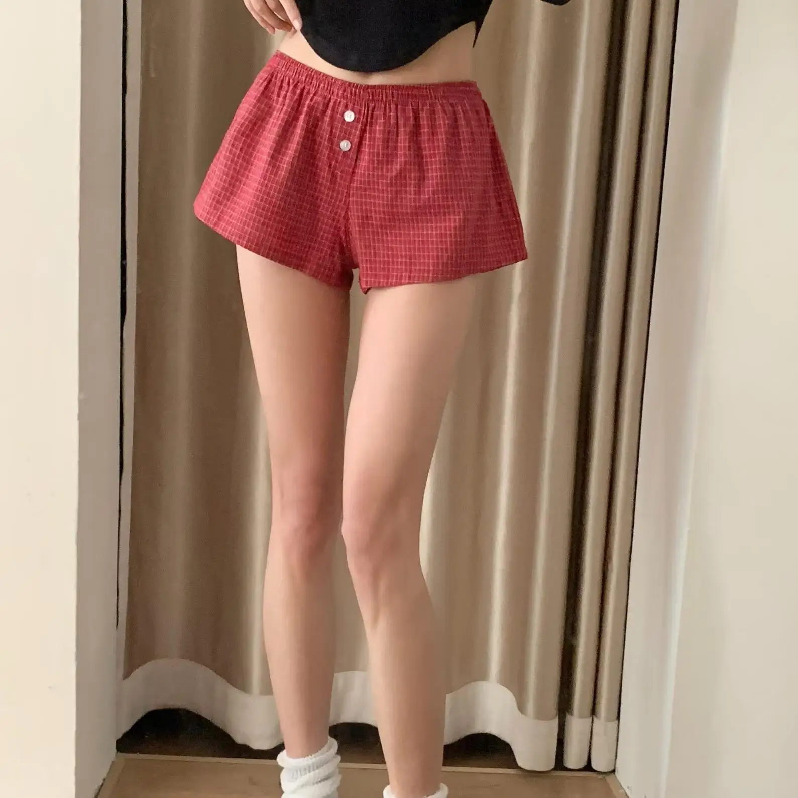 الأمريكية الرجعية الأزرق منقوشة واسعة الساق ort السراويل النسائية عارضة المنزل السراويل الساخنة الشاطئ Vaion السراويل منخفضة الخصر مرونة الخصر #2