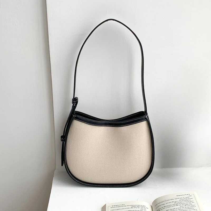 Spring and Summer New Handheld Canvas Bag Underarm Bag Women's Spliced PU Handheld One Shoulder Women's Bag