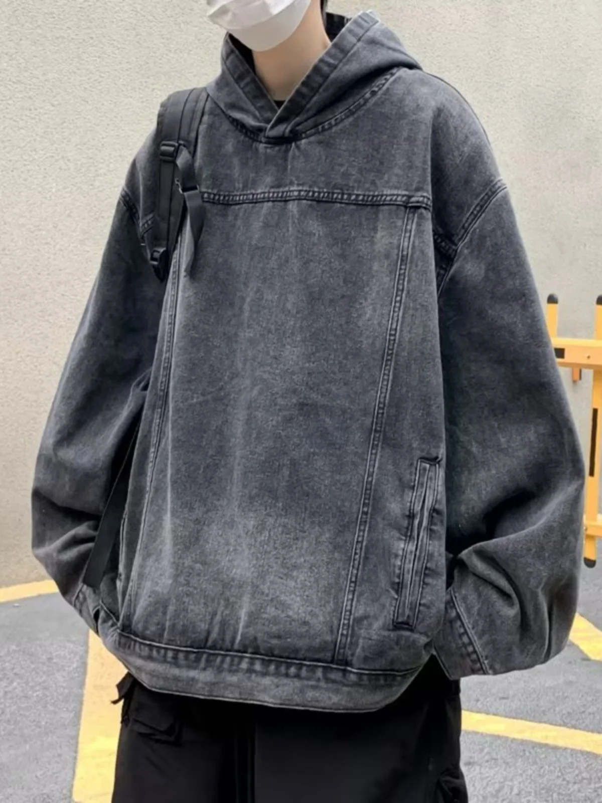 

Retro American Style Men's Hoodie Jacket Casual Loose Fit Denim Washed Sweatshirt Coat for Youth Autumn Winter Fashion