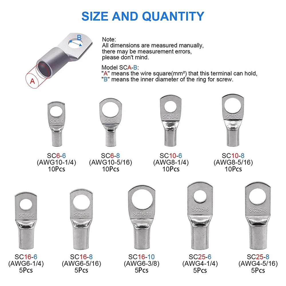 65Pcs Assorted Heavy Duty Wire Lugs Battery Cable Tinned Copper Eyelets Tubular SC Ring Terminals Connectors with Spy Hole Kit