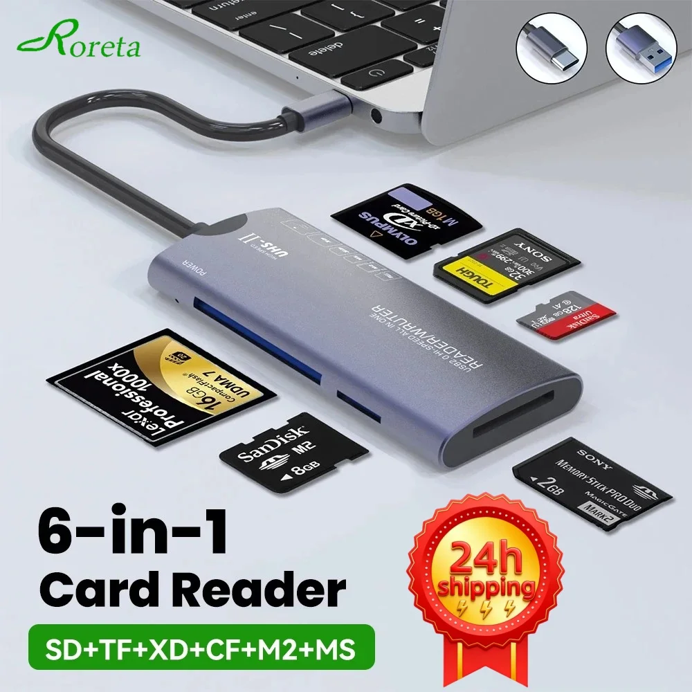 

Многофункциональный кард-ридер Roreta 6-в-1 USB2.0/TYPE-C, адаптер для карт памяти SD/TF/XD/CF/M2, подходит для передачи данных и многого другого